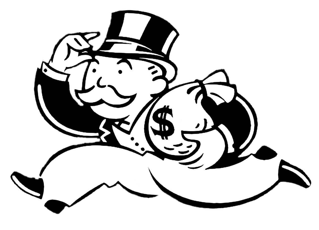 Tycoon figure from the Monopoly game running with a bag of money.